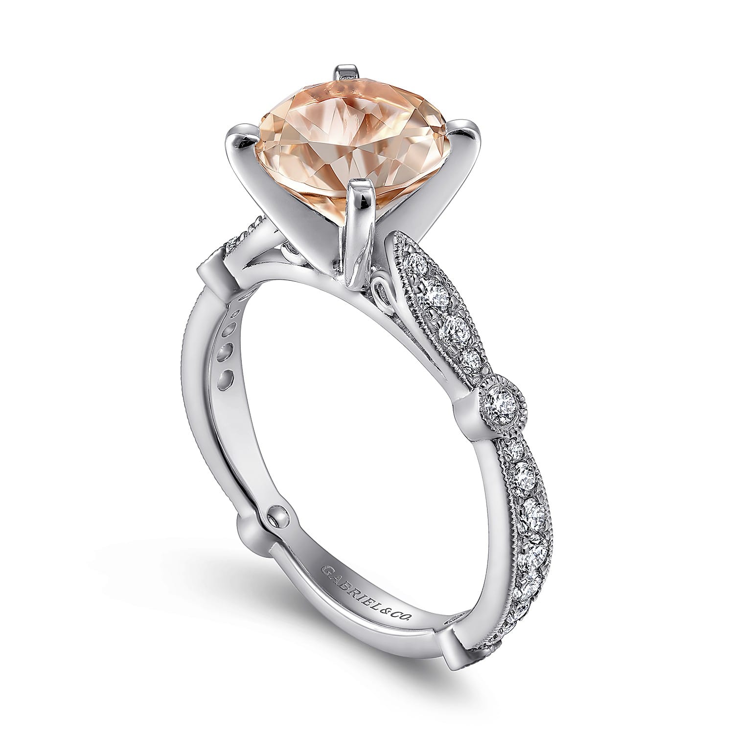 Mabel - Vintage Inspired 14K White Gold Round Morganite and Diamond Engagement Ring - 0.35 ct - Shot 3
