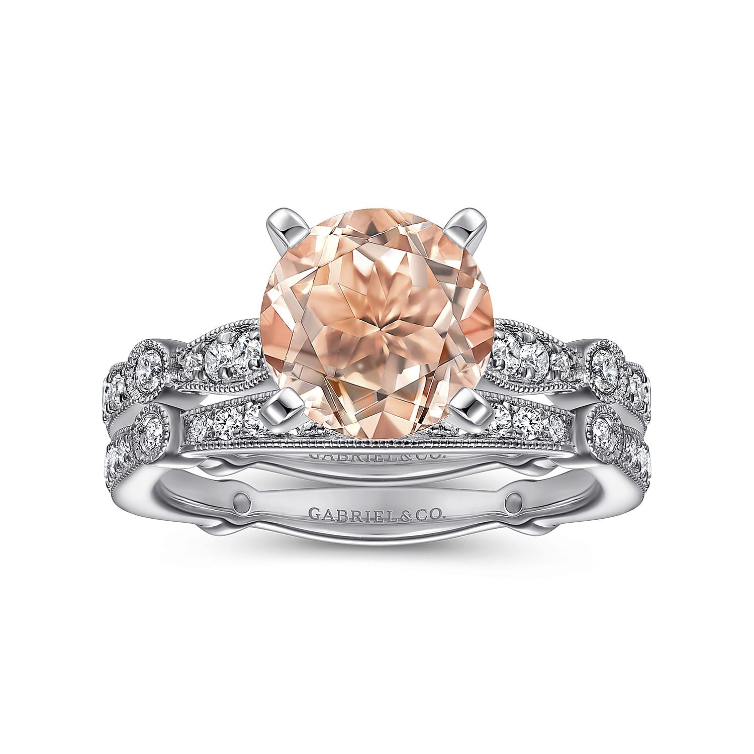 Mabel - Vintage Inspired 14K White Gold Round Morganite and Diamond Engagement Ring - 0.35 ct - Shot 4