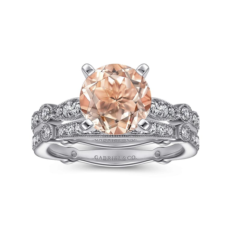 Mabel - Vintage Inspired 14K White Gold Round Morganite and Diamond Engagement Ring - 0.35 ct - Shot 4