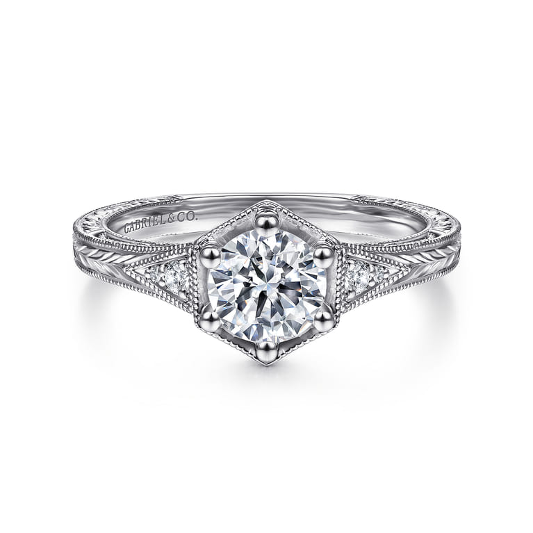 Priya - Vintage Inspired 14K White Gold 6 Prong Round Diamond Engagement Ring - 0.06 ct - Shot 1