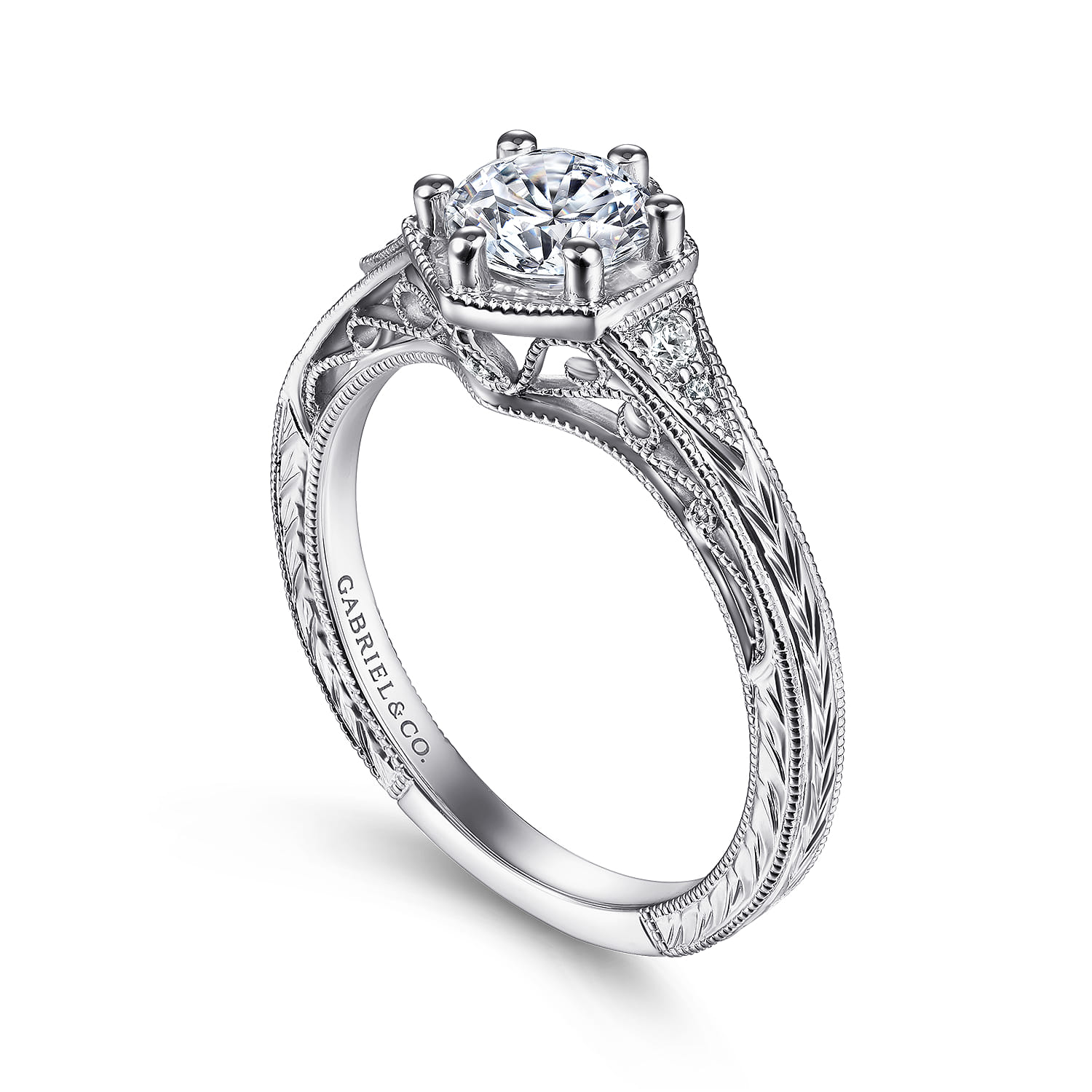 Priya - Vintage Inspired 14K White Gold 6 Prong Round Diamond Engagement Ring - 0.06 ct - Shot 3