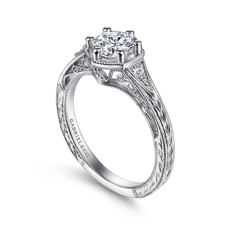 Priya - Vintage Inspired 14K White Gold 6 Prong Round Diamond Engagement Ring - 0.06 ct - Shot 3