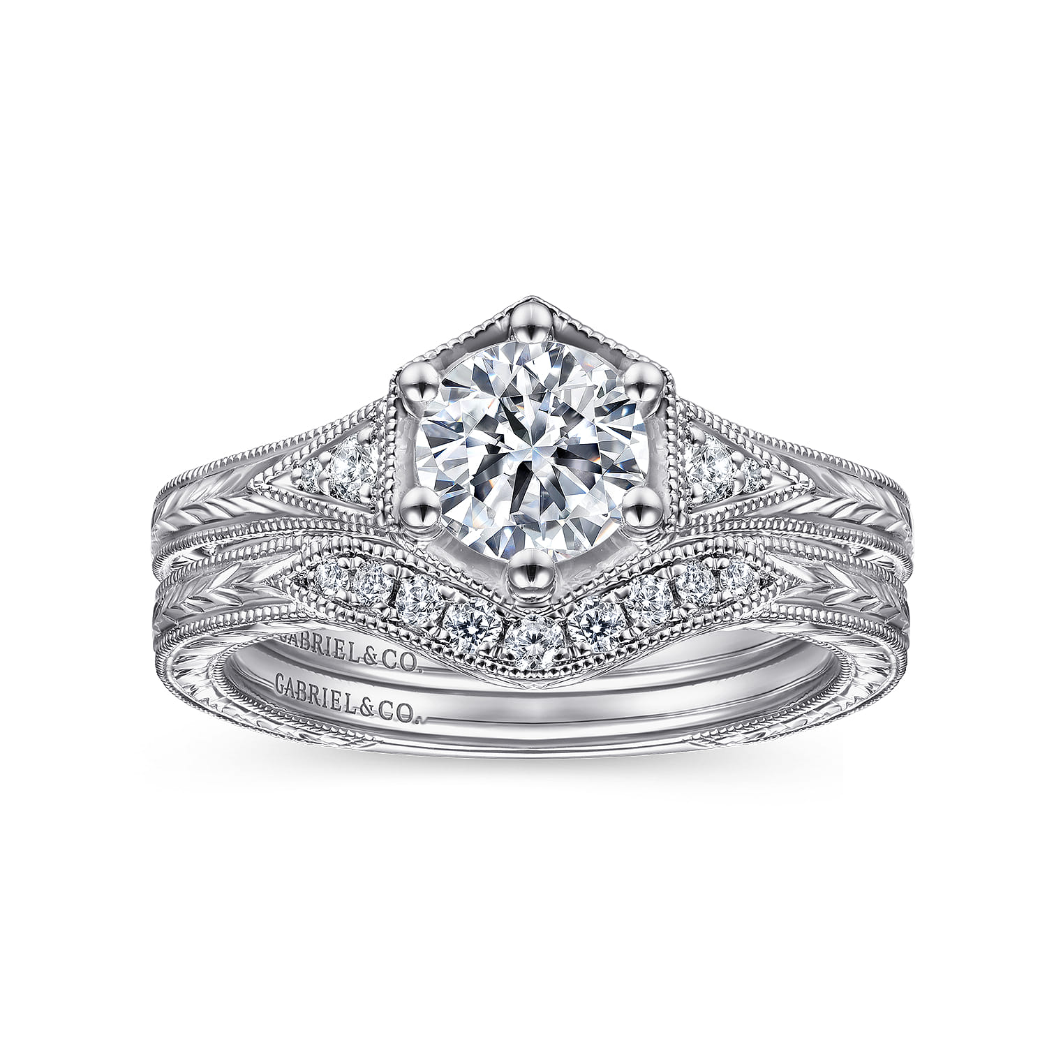 Priya - Vintage Inspired 14K White Gold 6 Prong Round Diamond Engagement Ring - 0.06 ct - Shot 4