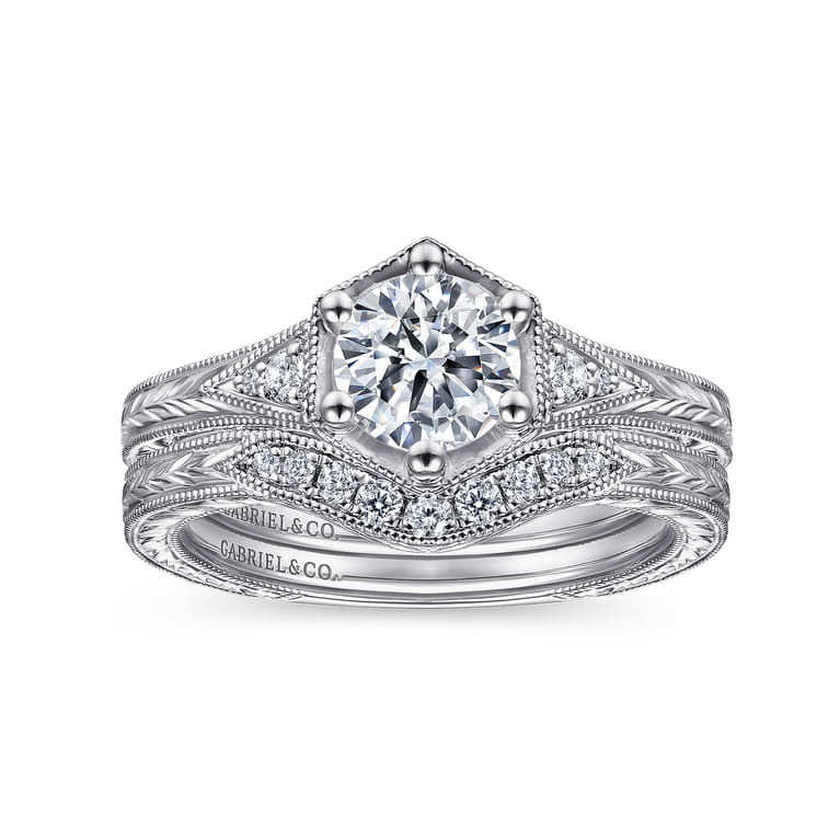 Priya - Vintage Inspired 14K White Gold 6 Prong Round Diamond Engagement Ring - 0.06 ct - Shot 4