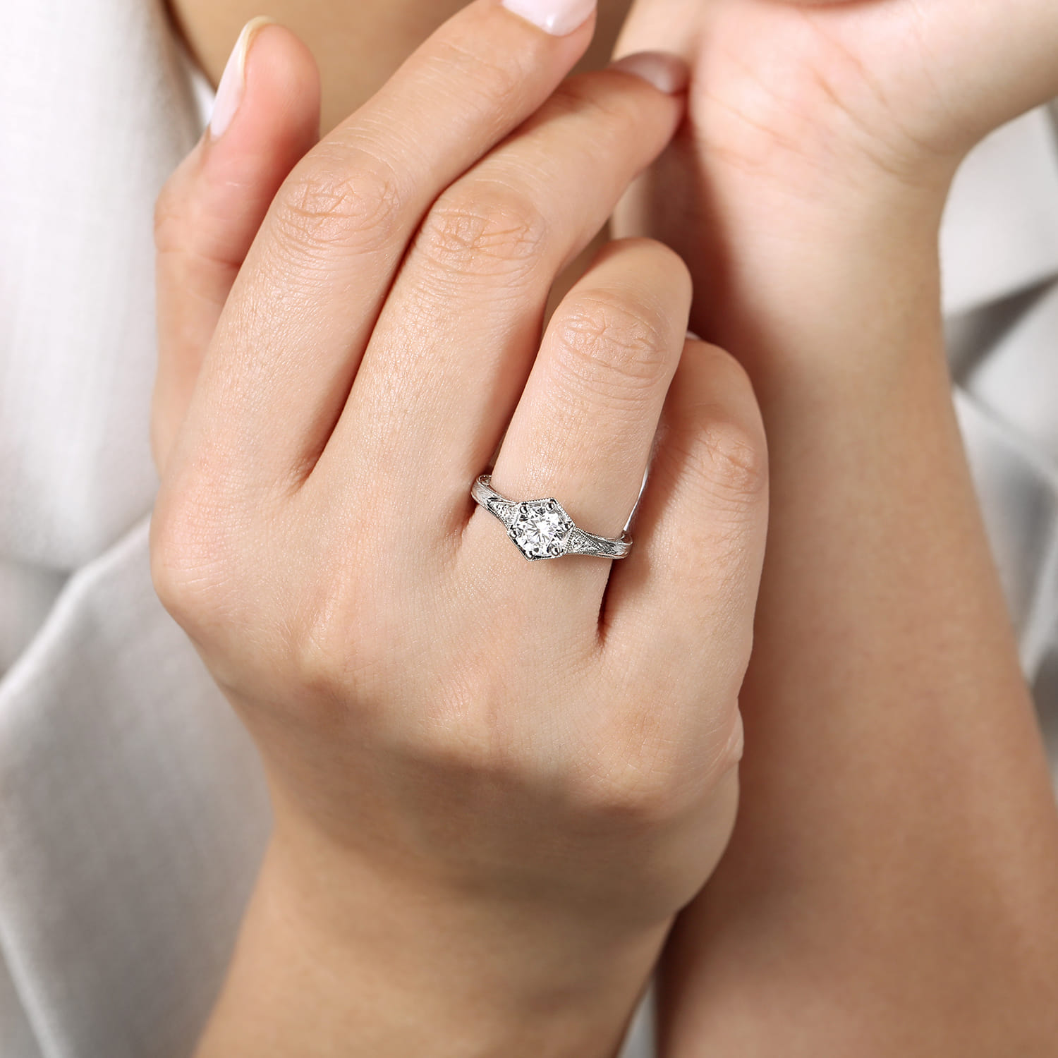 Priya - Vintage Inspired 14K White Gold 6 Prong Round Diamond Engagement Ring - 0.06 ct - Shot 6
