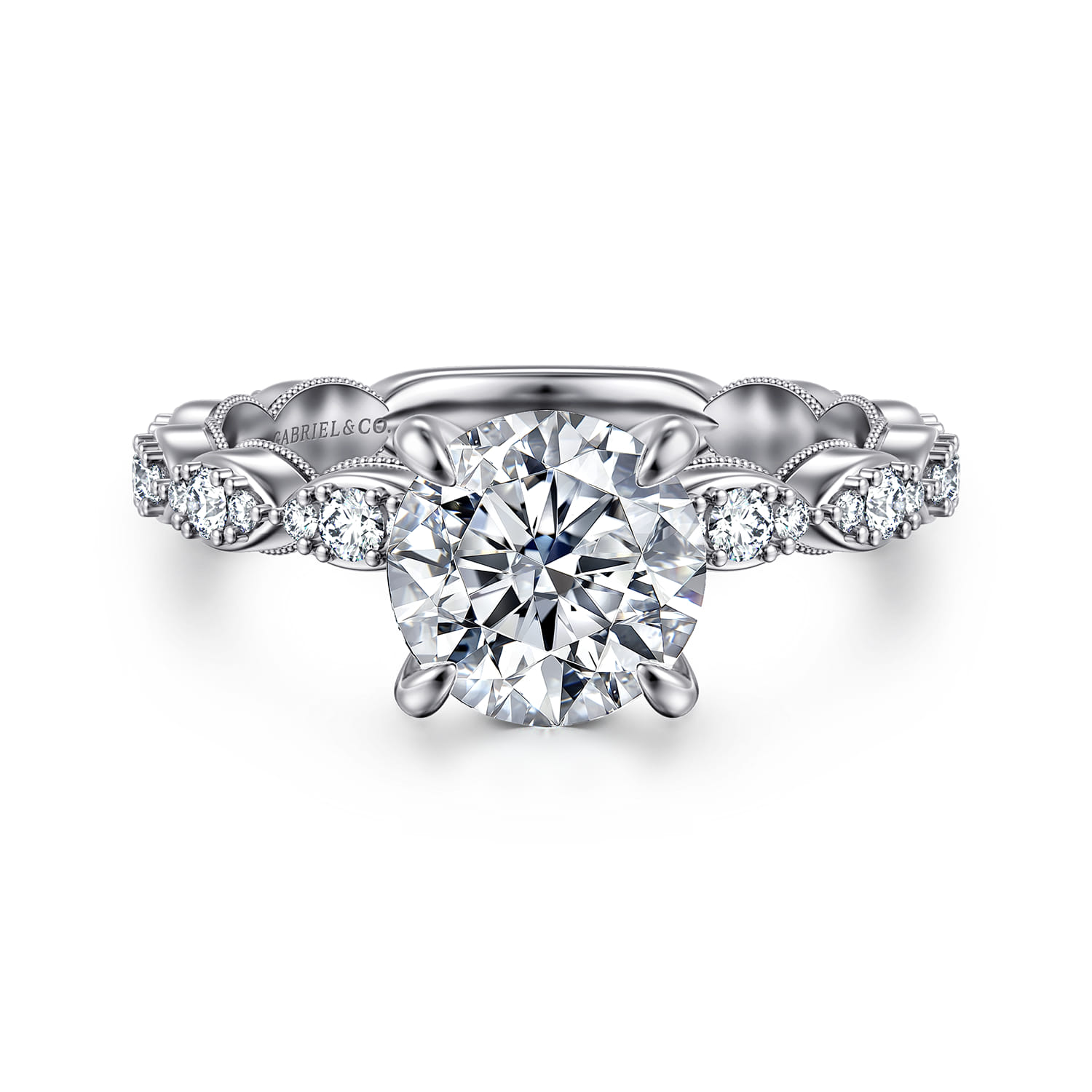 Senia - Vintage Inspired 14K White Gold Round Diamond Engagement Ring - 0.4 ct - Shot 1