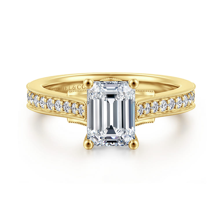 Favola - 14K Yellow Gold Emerald Cut Lotus Diamond Engagement Ring - 0.25 ct - Shot 1