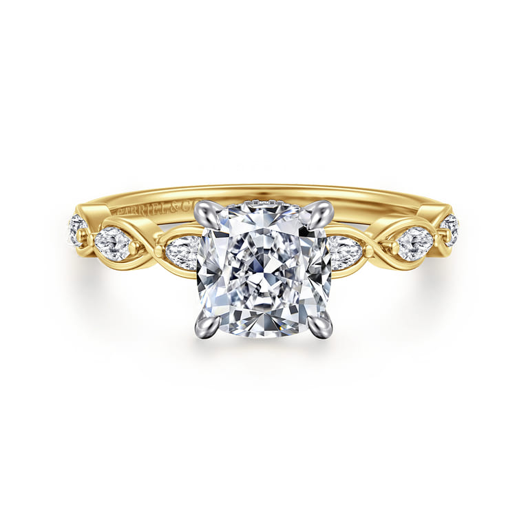 Claudia - 14K White-Yellow Gold Cushion Cut Diamond Engagement Ring - 0.3 ct - Shot 1