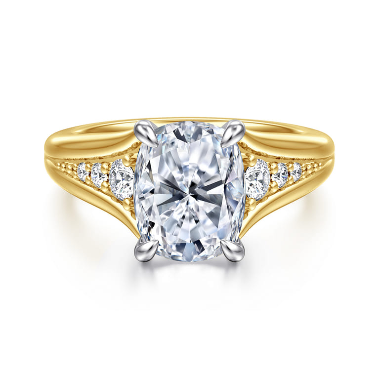 Bruno - 14K White-Yellow Gold Elongated Cushion Diamond Engagement Ring - 0.3 ct - Shot 1