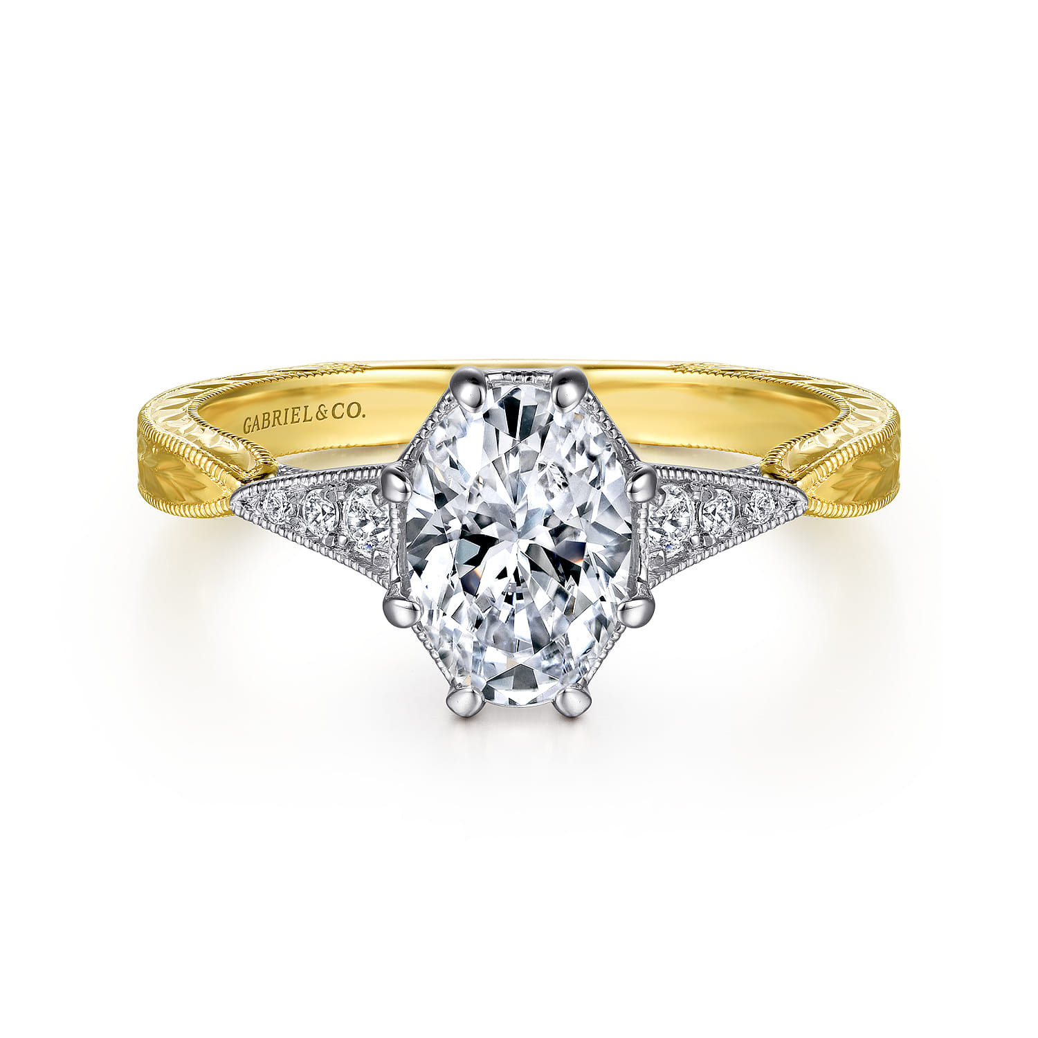 Sanna - Vintage Inspired 14K White-Yellow Gold Oval Diamond Engagement Ring - 0.1 ct - Shot 1