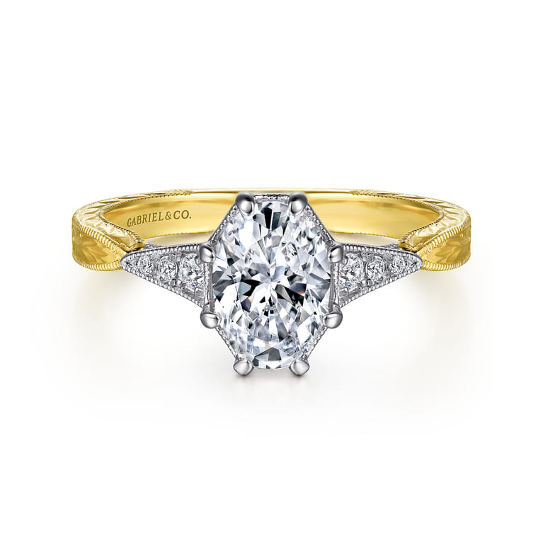 Sanna - Vintage Inspired 14K White-Yellow Gold Oval Diamond Engagement Ring - 0.1 ct - Shot 1