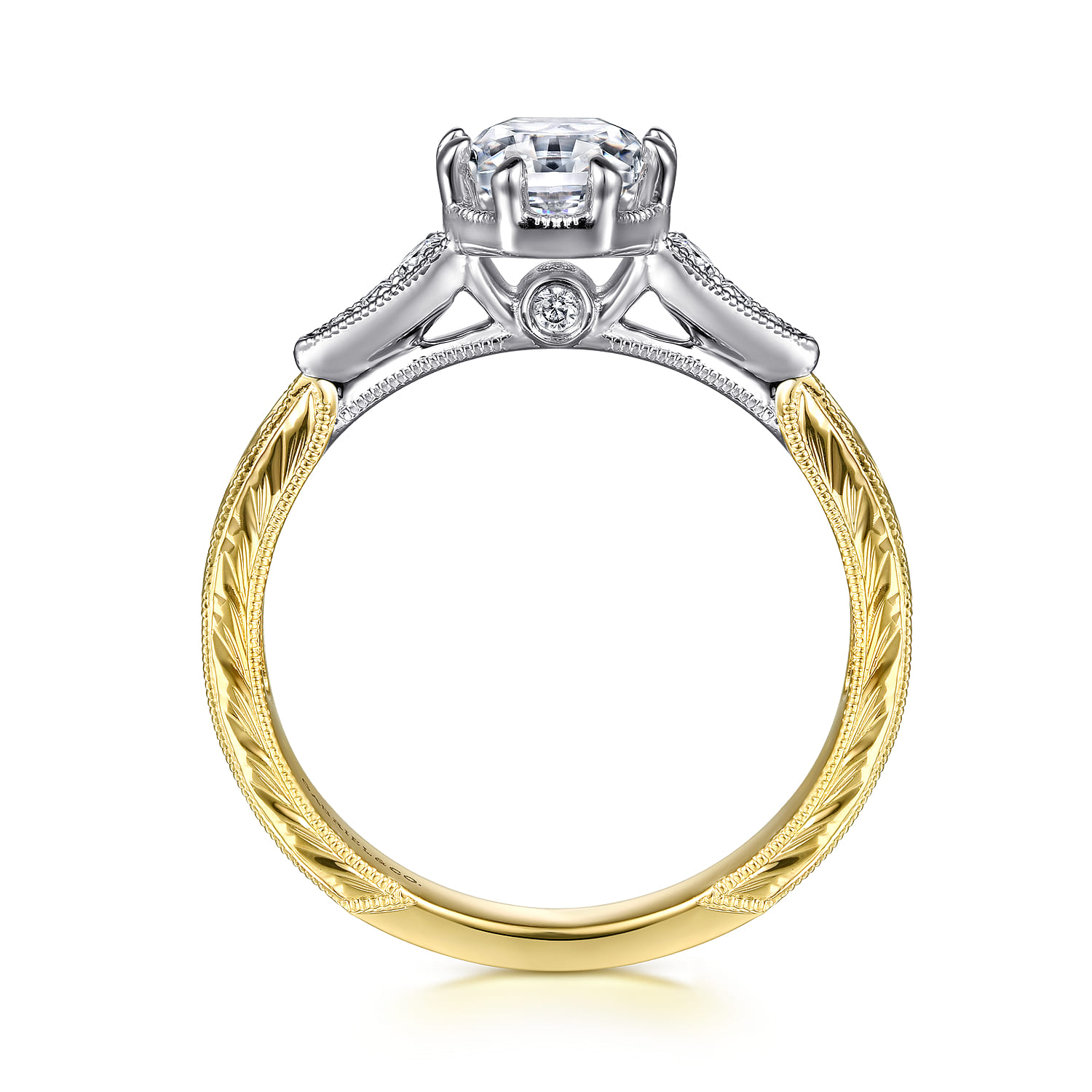 Sanna - Vintage Inspired 14K White-Yellow Gold Oval Diamond Engagement Ring - 0.1 ct - Shot 2