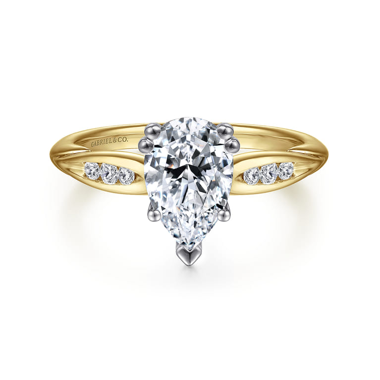 Quinn - 14K White-Yellow Gold Pear Shape Diamond Channel Set Engagement Ring - 0.09 ct - Shot 1