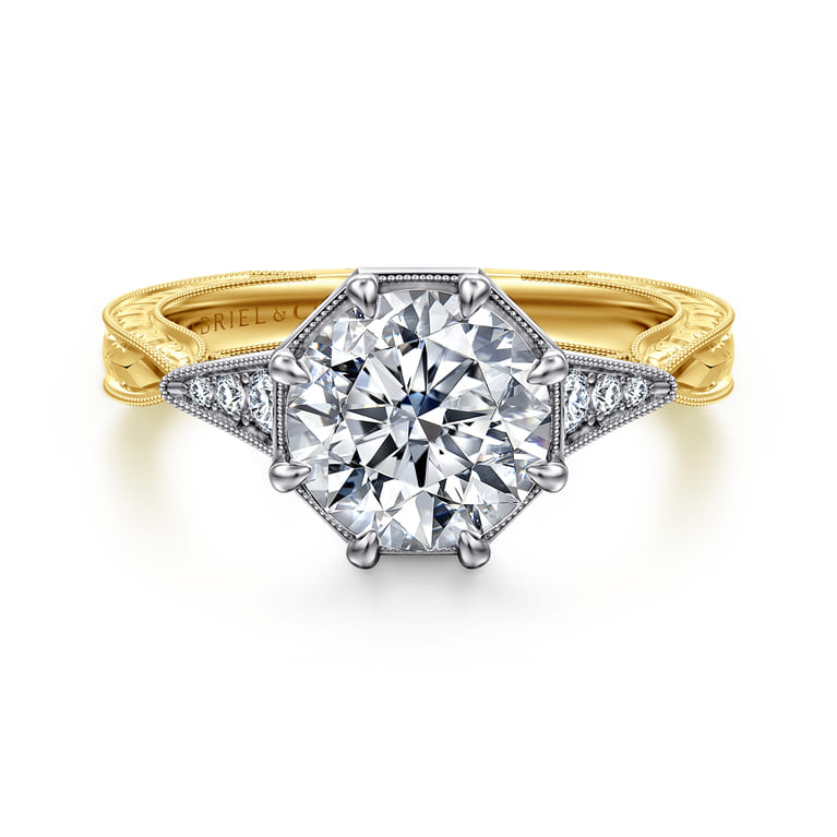 Sanna - Vintage Inspired 14K White-Yellow Gold Round Diamond Engagement Ring - 0.1 ct - Shot 1