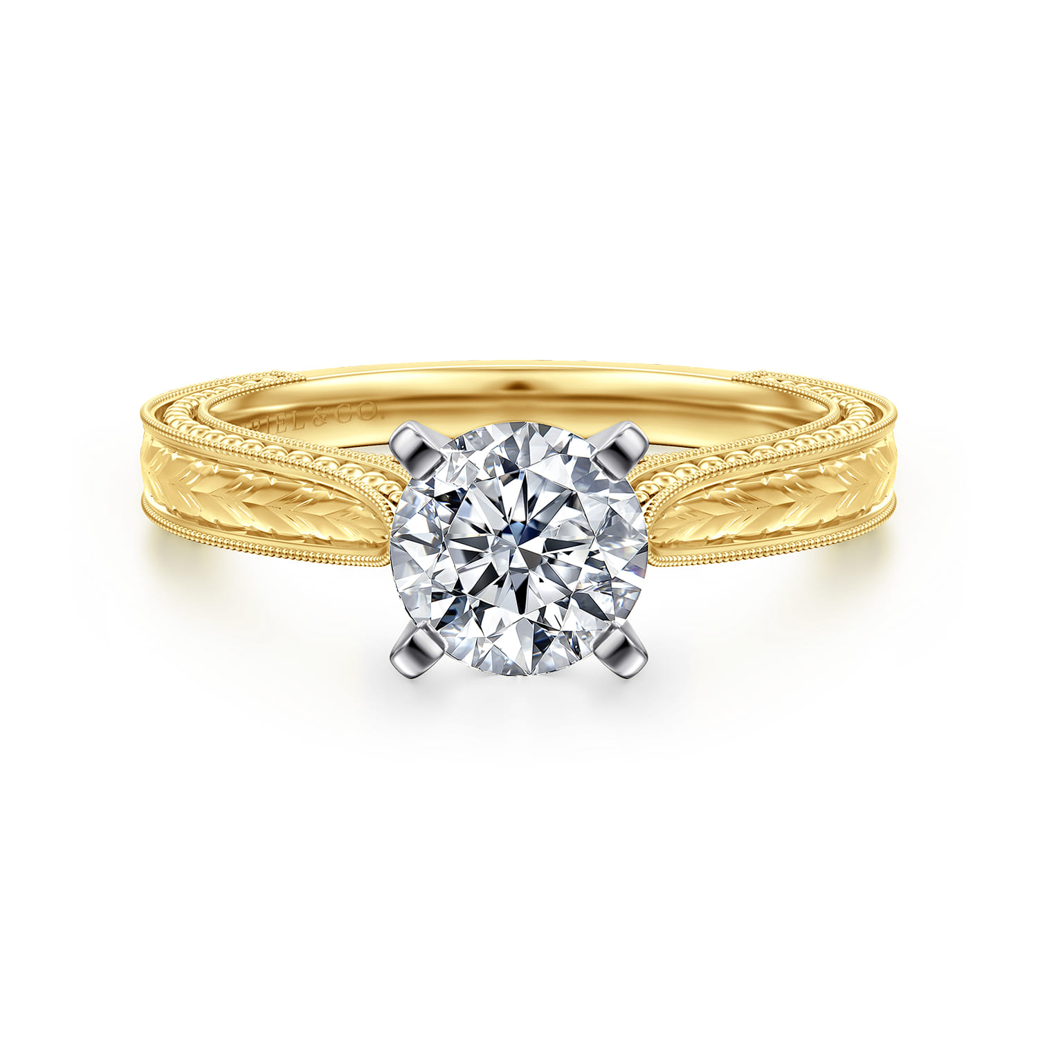Maura - Vintage Inspired 14K White-Yellow Gold Round Solitaire Engagement Ring - Shot 1