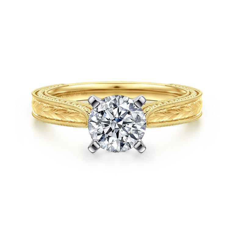 Maura - Vintage Inspired 14K White-Yellow Gold Round Solitaire Engagement Ring - Shot 1