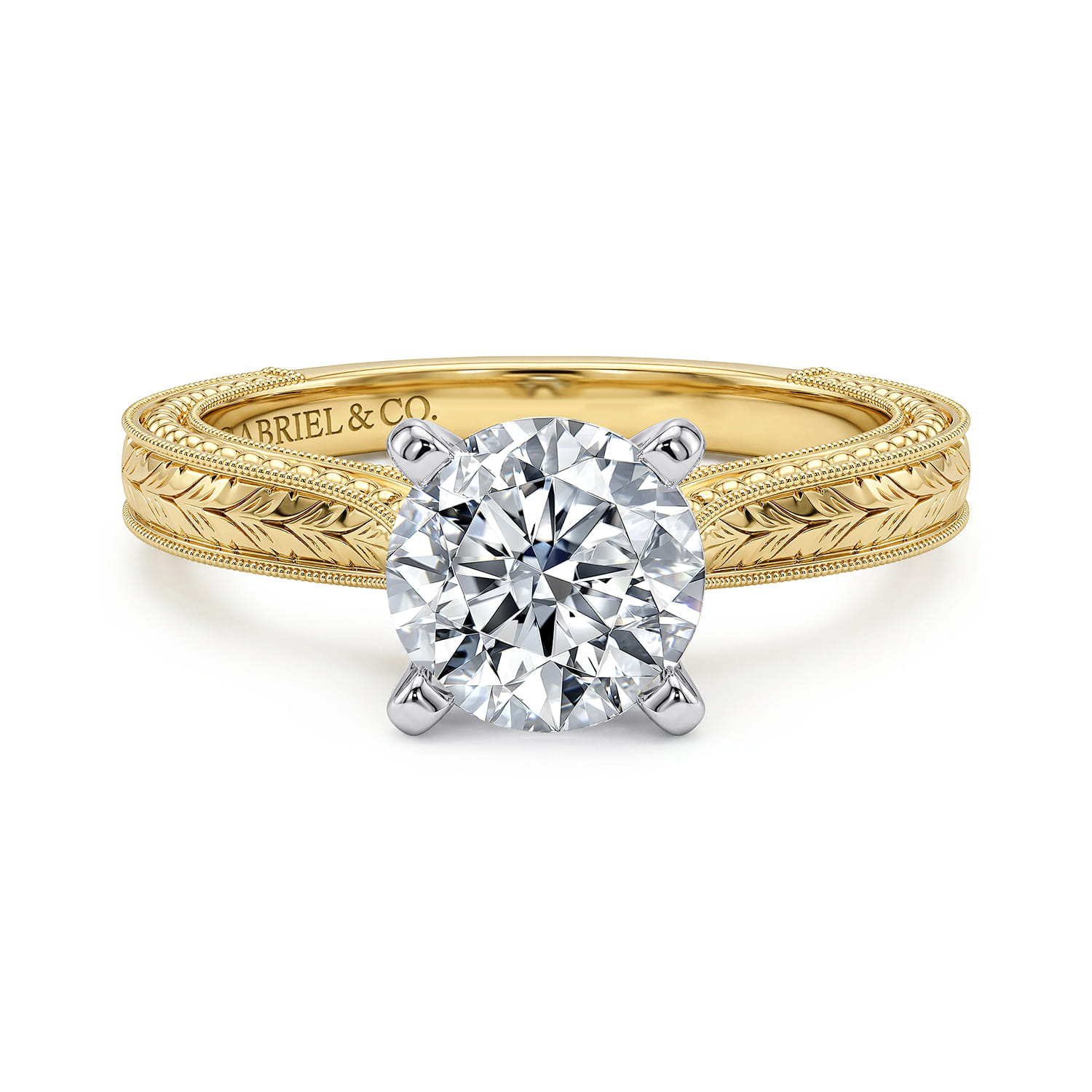 Maura - Vintage Inspired 14K White-Yellow Gold Round Solitaire Engagement Ring - Shot 1
