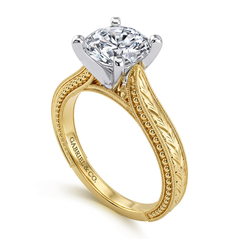 Maura - Vintage Inspired 14K White-Yellow Gold Round Solitaire Engagement Ring - Shot 3