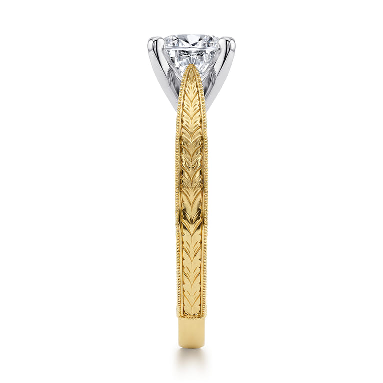 Maura - Vintage Inspired 14K White-Yellow Gold Round Solitaire Engagement Ring - Shot 4