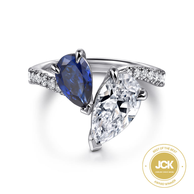 Chessie - 14K White Gold Toi et Moi Pear Shape Sapphire and Diamond Engagement Ring - 0.23 ct - Shot 1
