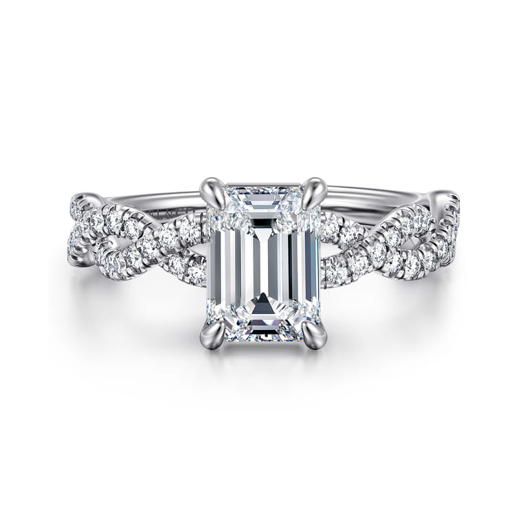 Josefina - 14K White Gold Twisted Emerald Cut Diamond Engagement Ring - 0.24 ct - Shot 1