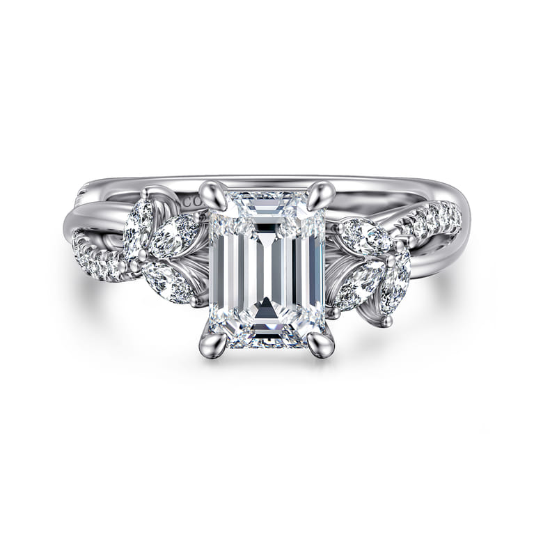 Deisha - 14K White Gold Twisted Emerald Cut Diamond Engagement Ring - 0.4 ct - Shot 1