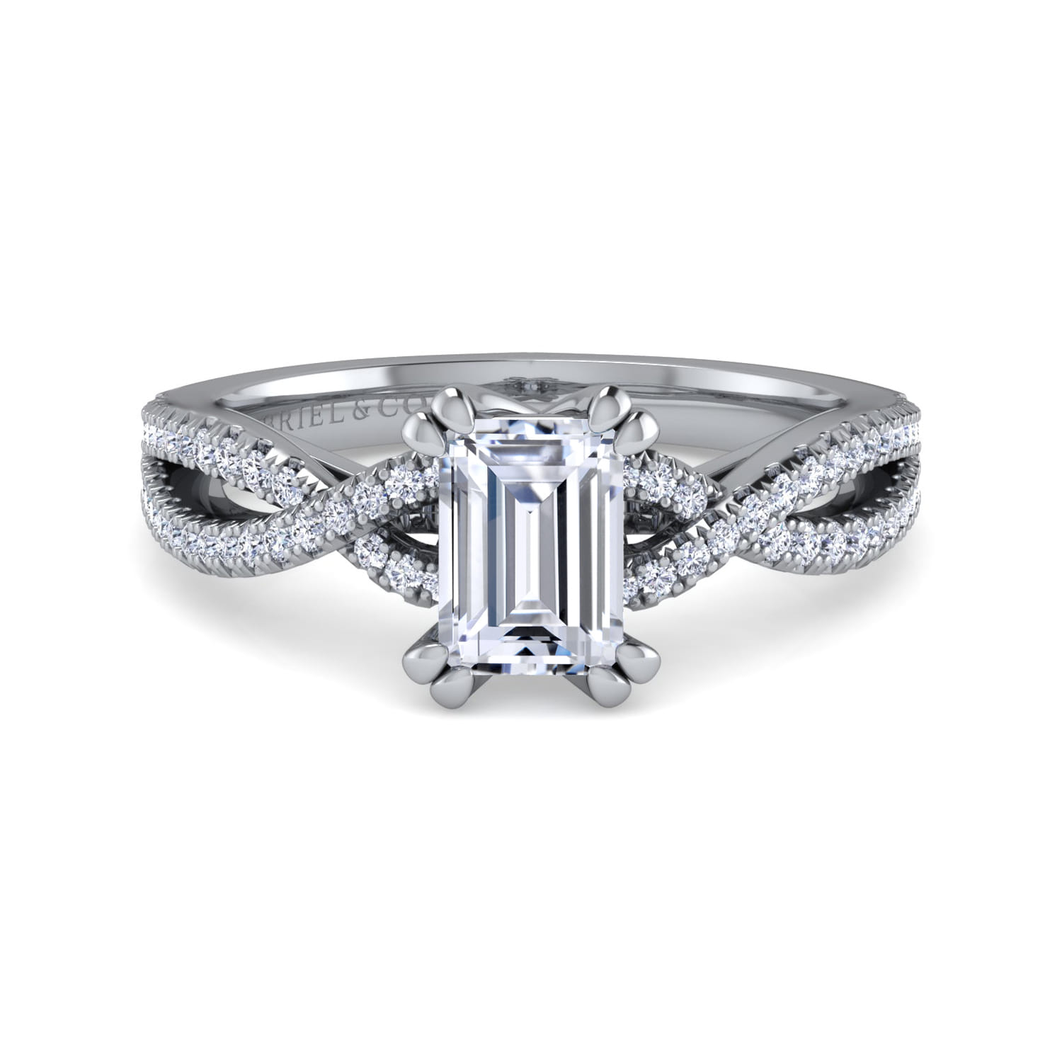 Gina - 14K White Gold Twisted Emerald Cut Diamond Engagement Ring - 0.2 ct - Shot 1