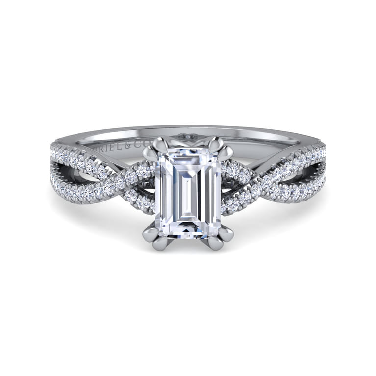 Gina - 14K White Gold Twisted Emerald Cut Diamond Engagement Ring - 0.2 ct - Shot 1