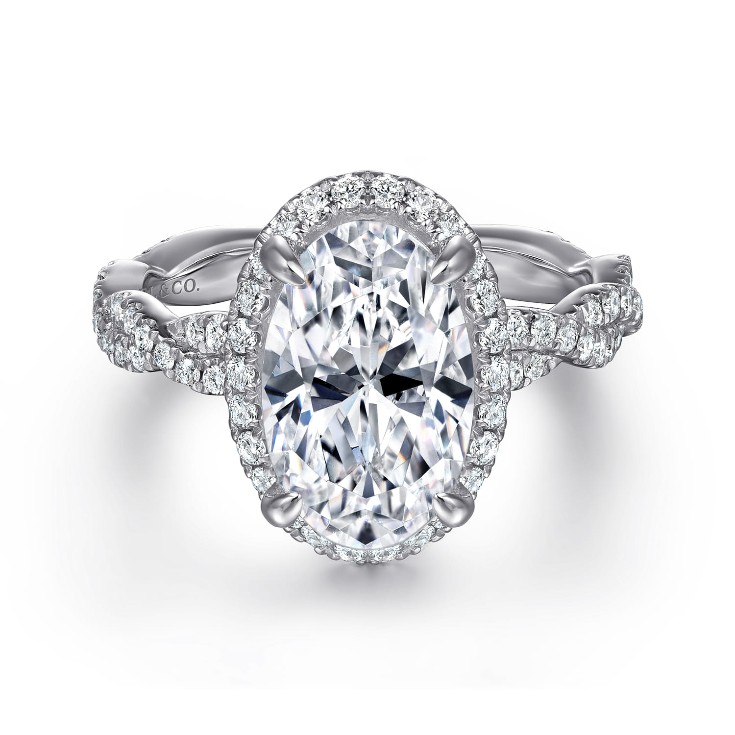 Sharon - 14K White Gold Oval Halo Twisted Diamond Engagement Ring - 0.57 ct - Shot 1