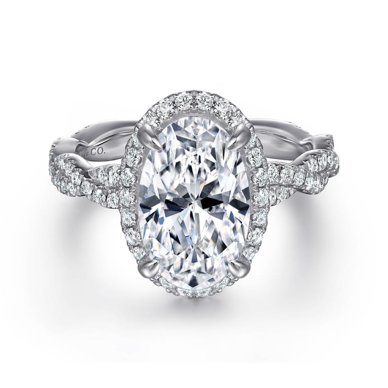 Sharon - 14K White Gold Oval Halo Twisted Diamond Engagement Ring - 0.57 ct - Shot 1
