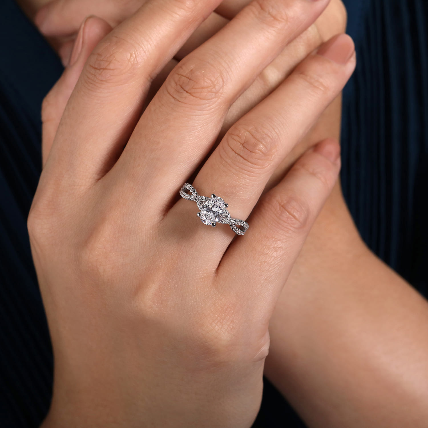 Gina - 14K White Gold Twisted Oval Diamond Engagement Ring - 0.2 ct - Shot 6