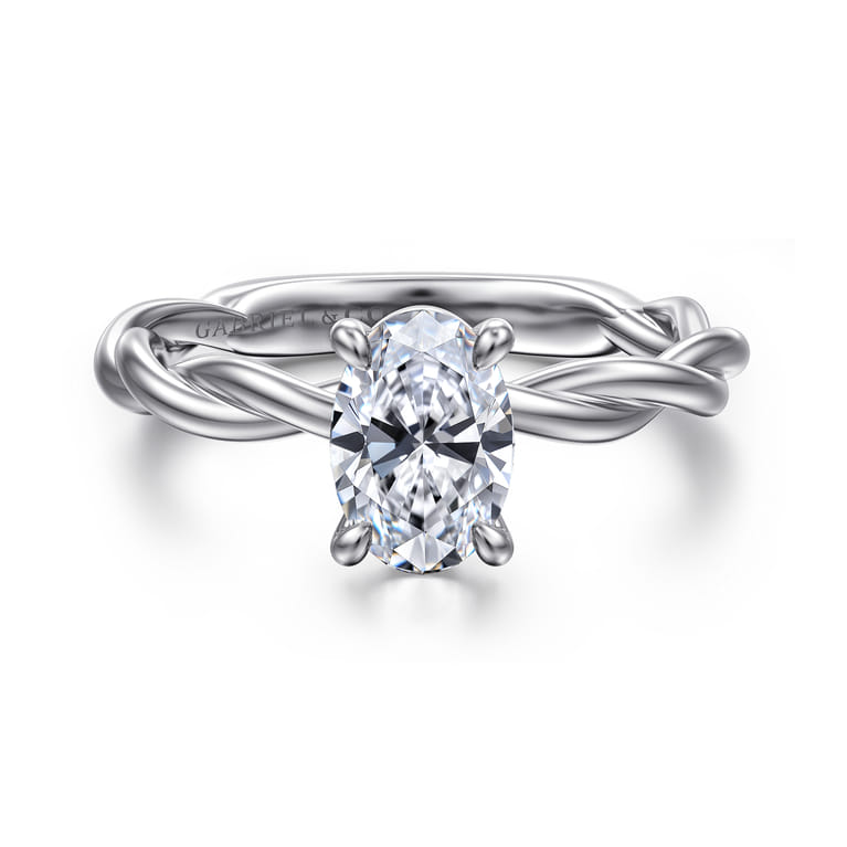 Emersin - 14K White Gold Twisted Oval Diamond Engagement Ring - Shot 1