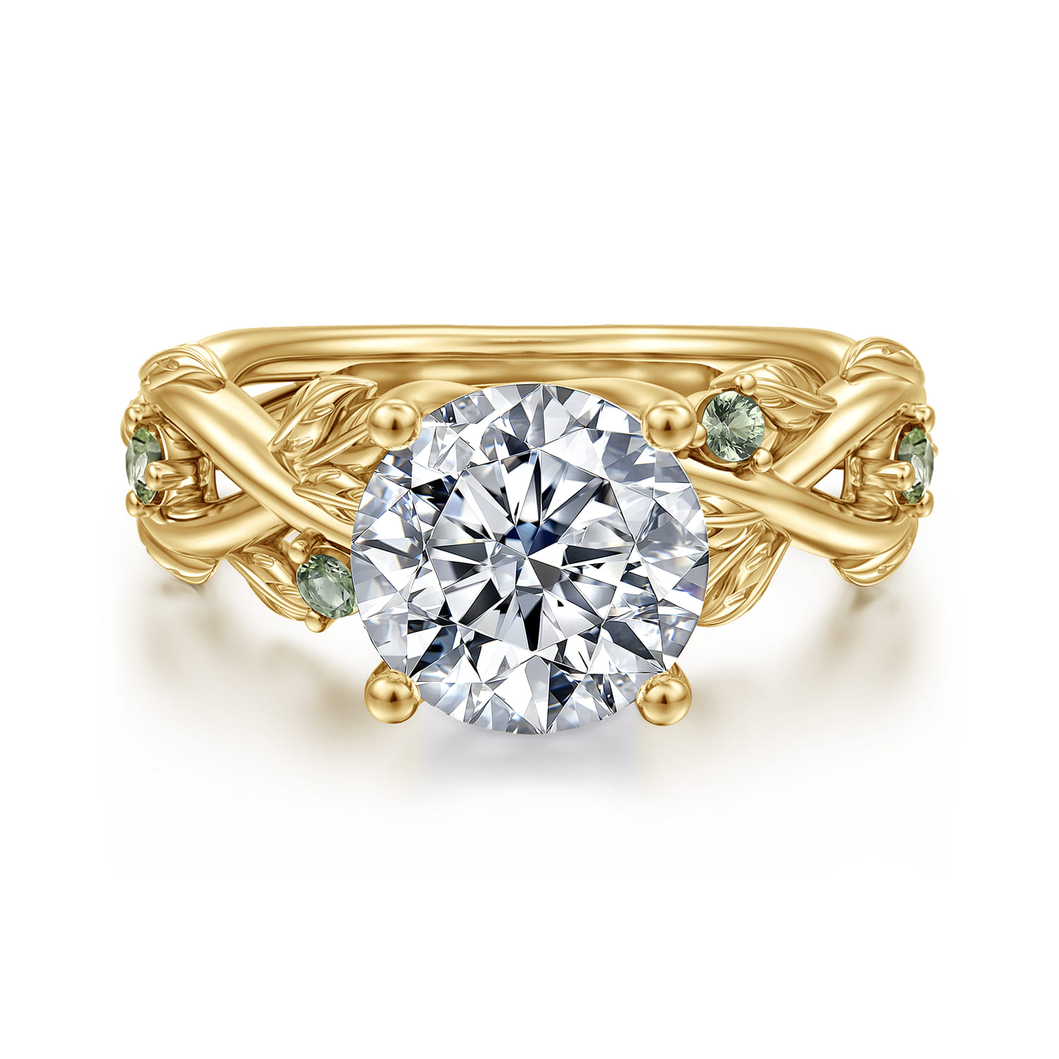 Strength - 14K Yellow Gold Twisted Round Green Sapphire and Diamod Engagement Ring - Shot 1