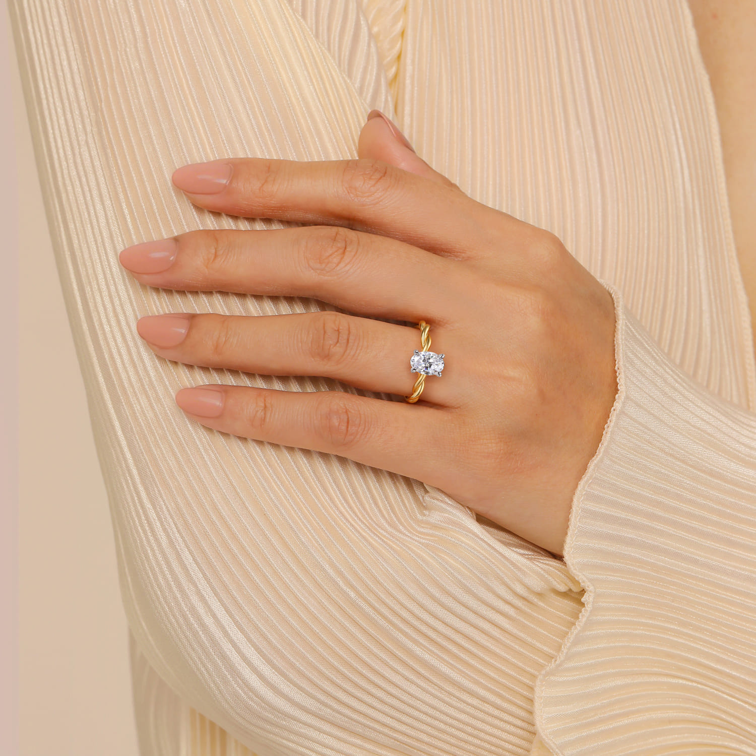 Emersin - 14K White-Yellow Gold Twisted Oval Diamond Engagement Ring - Shot 5