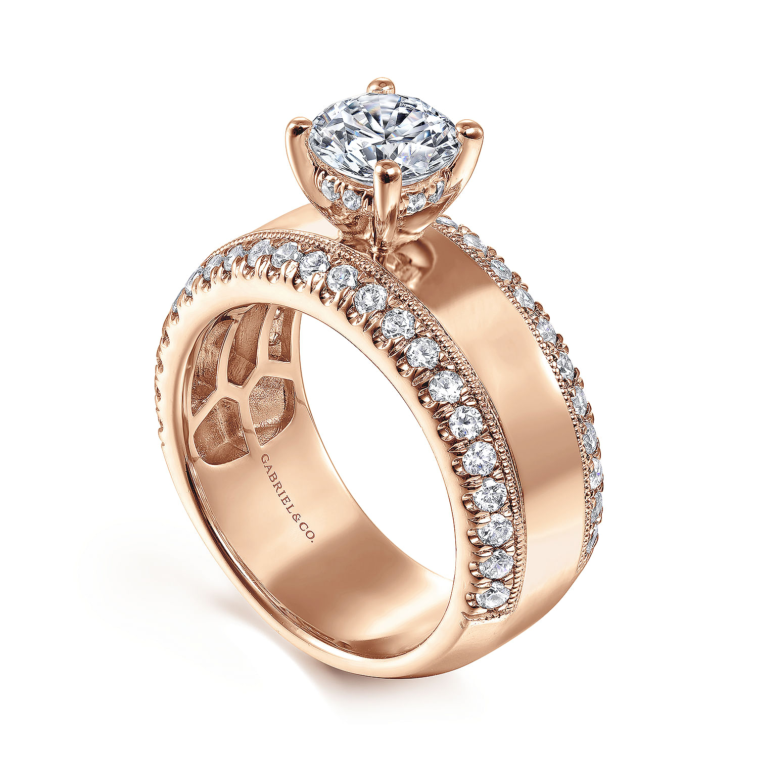 Amos - 14K Rose Gold Round Wide Band Diamond Engagement Ring - 0.67 ct - Shot 3