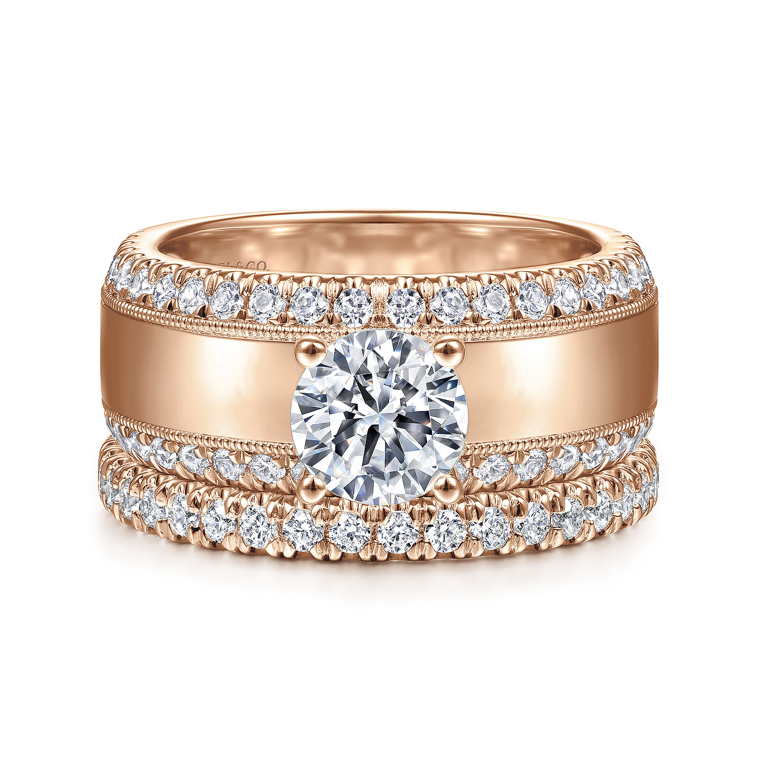 Amos - 14K Rose Gold Round Wide Band Diamond Engagement Ring - 0.67 ct - Shot 4