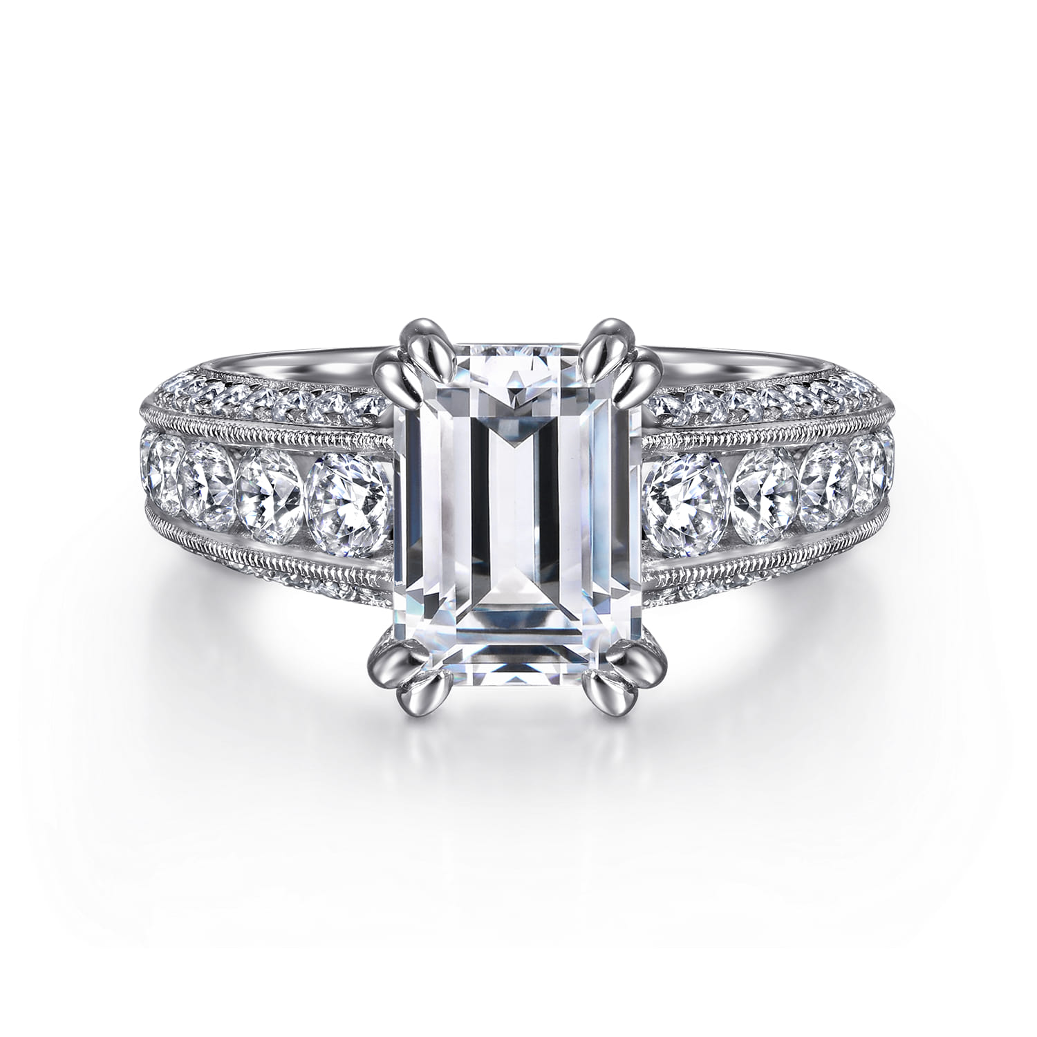 Rebecca - Vintage Inspired 14K White Gold Emerald Cut Wide Band Diamond Channel Set Engagement Ring - 1.28 ct - Shot 1