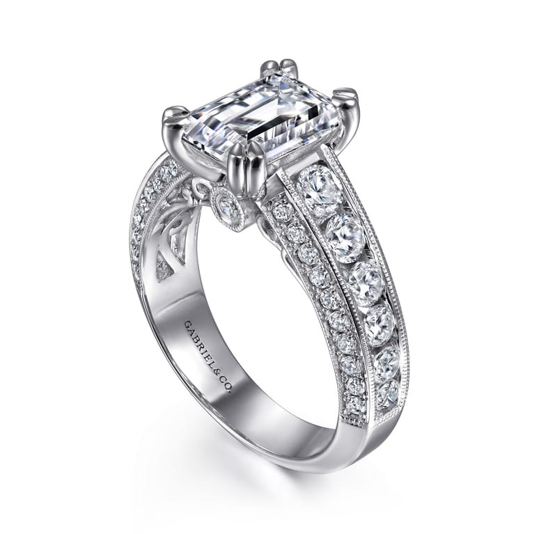 Rebecca - Vintage Inspired 14K White Gold Emerald Cut Wide Band Diamond Channel Set Engagement Ring - 1.28 ct - Shot 3