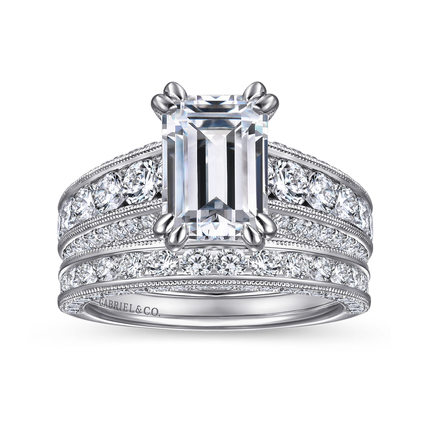 Rebecca - Vintage Inspired 14K White Gold Emerald Cut Wide Band Diamond Channel Set Engagement Ring - 1.28 ct - Shot 4