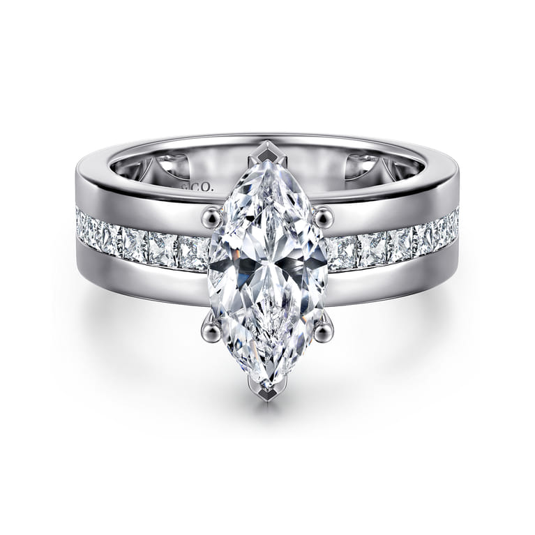 Adley - 14K White Gold Wide Band Marquise Shape Diamond Engagement Ring - 0.6 ct - Shot 1