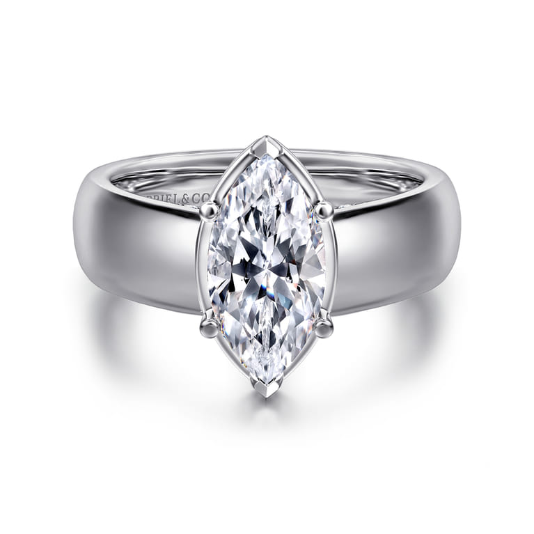 Elza - 14K White Gold Bezel Prong Wide Band Marquise Diamond Engagement Ring - 0.14 ct - Shot 1