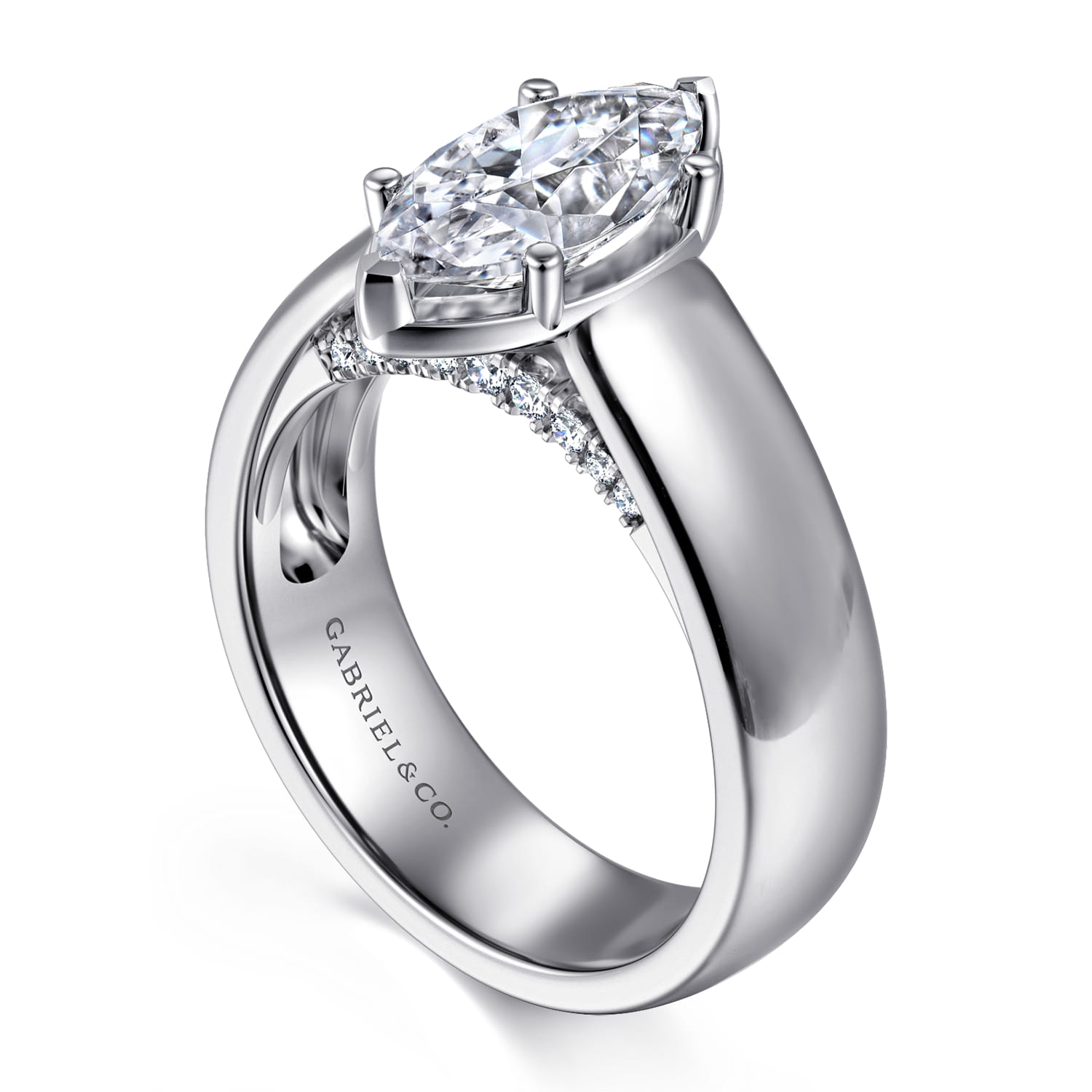 Elza - 14K White Gold Bezel Prong Wide Band Marquise Diamond Engagement Ring - 0.14 ct - Shot 3