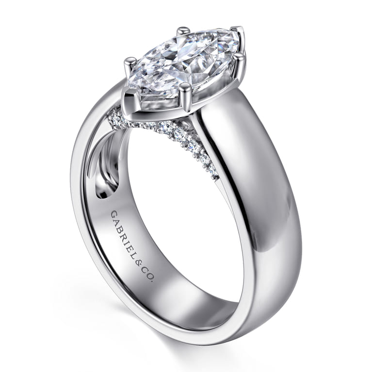 Elza - 14K White Gold Bezel Prong Wide Band Marquise Diamond Engagement Ring - 0.14 ct - Shot 3