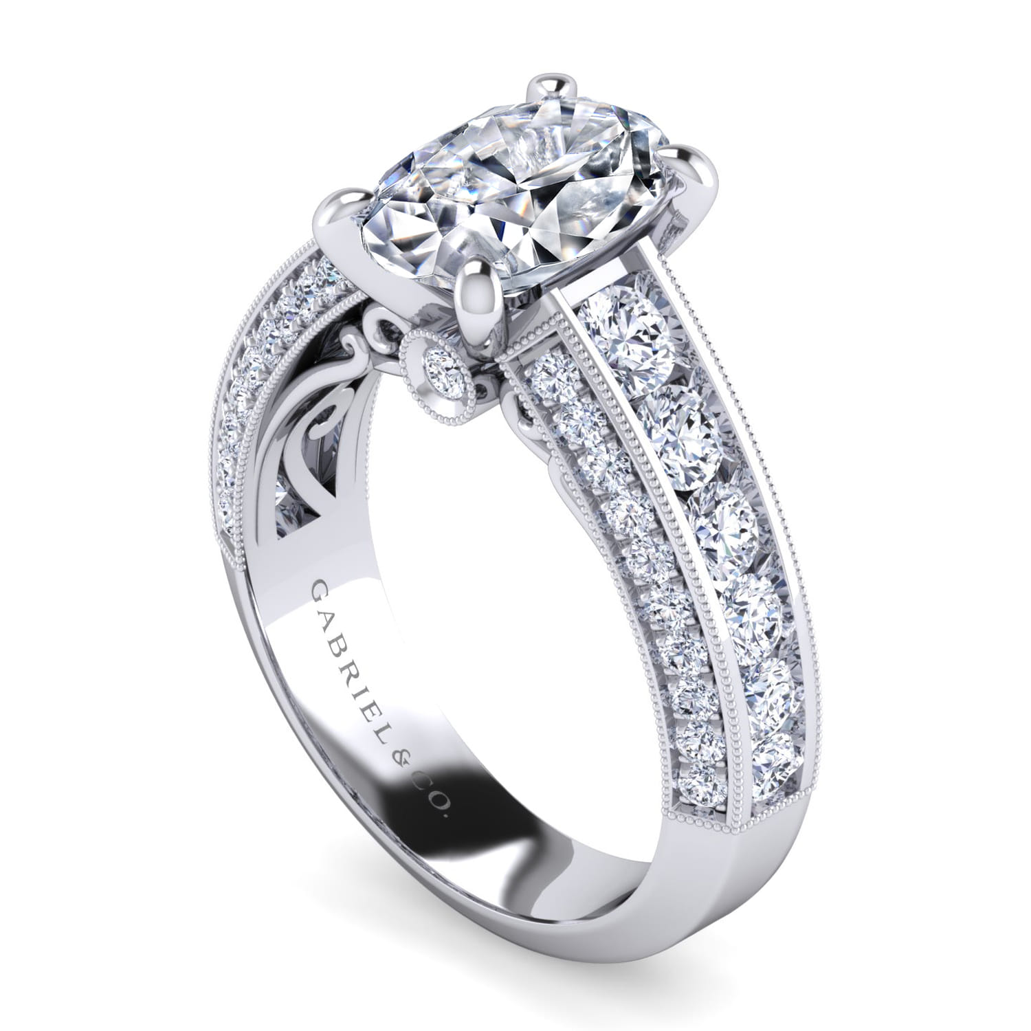 Rebecca - Vintage Inspired 14K White Gold Wide Band Oval Diamond Channel Set Engagement Ring - 1.28 ct - Shot 3