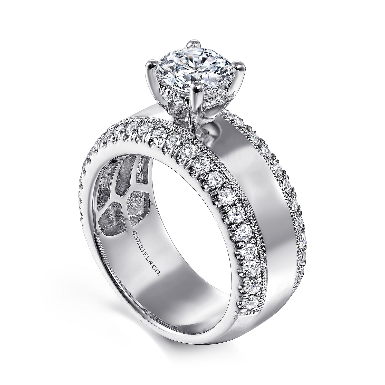 Amos - 14K White Gold Round Diamond Wide Band Engagement Ring - 0.67 ct - Shot 3