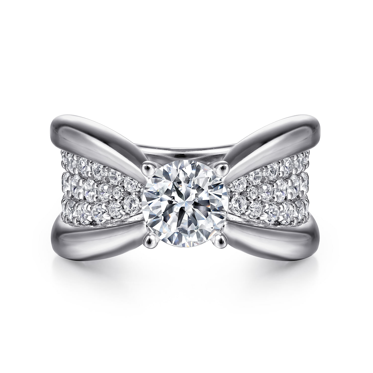 Bebe - 14K White Gold Wide Band Round Diamond Engagement Ring - 1 ct - Shot 1