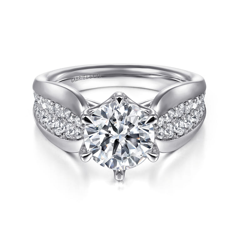 Ember - 14K White Gold 6 Prong Wide Band Round Diamond Engagement Ring - 0.65 ct - Shot 1