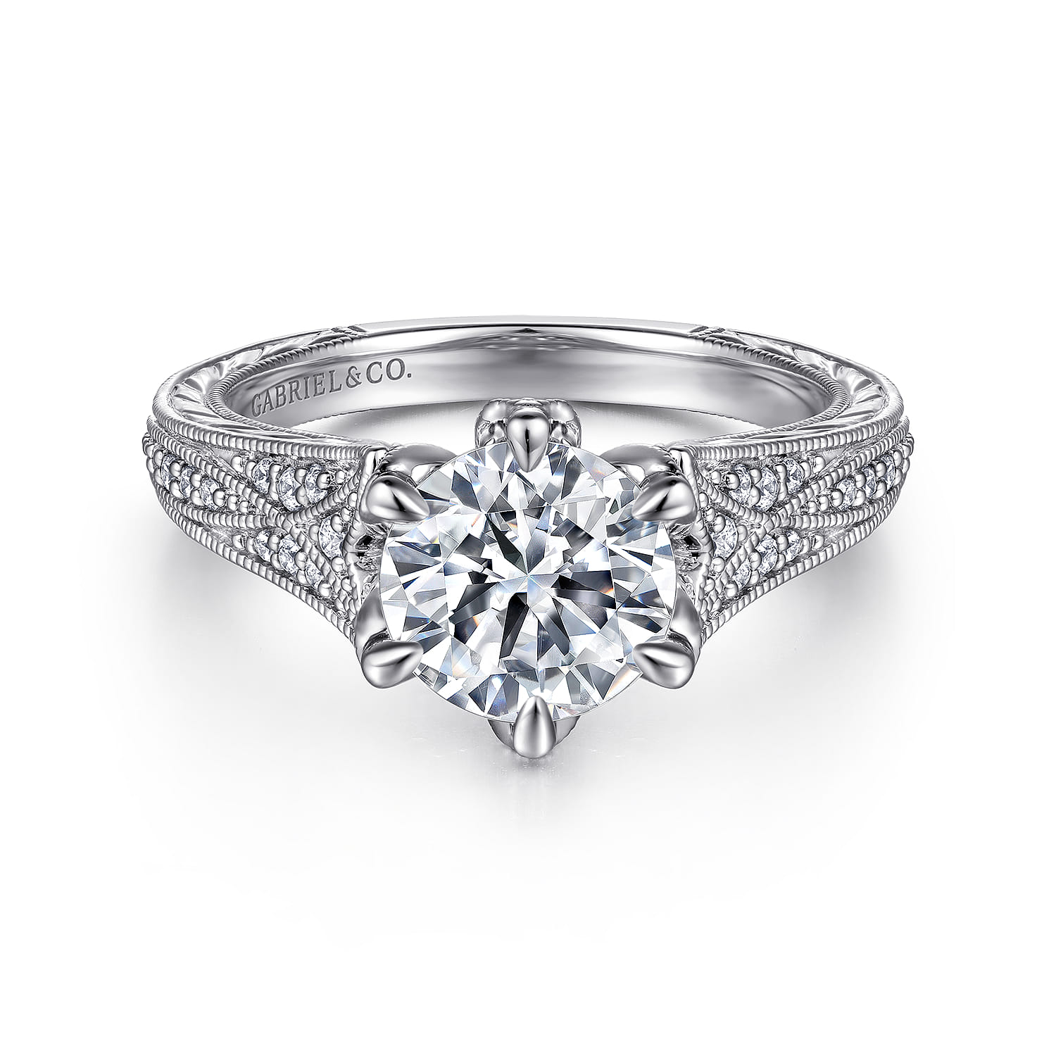 Elanie - Vintage Inspired 14K White Gold Round Diamond Engagement Ring - 0.3 ct - Shot 1