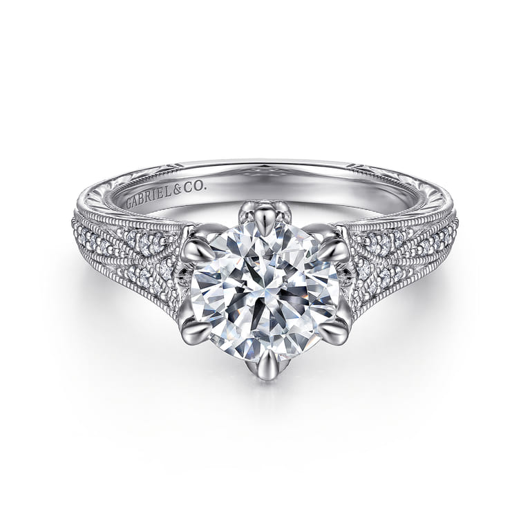 Elanie - Vintage Inspired 14K White Gold Round Diamond Engagement Ring - 0.3 ct - Shot 1