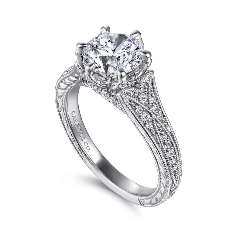 Elanie - Vintage Inspired 14K White Gold Round Diamond Engagement Ring - 0.3 ct - Shot 3